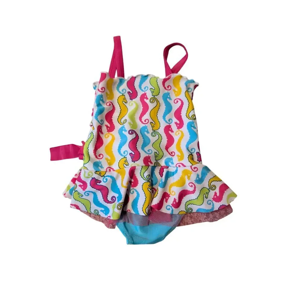 RUGGED BEAR seahorsel ruffled baby girls swim suit, 24 mos/2T